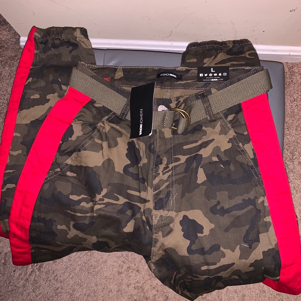 Fashion Nova Camo Pants w/ Red Strip